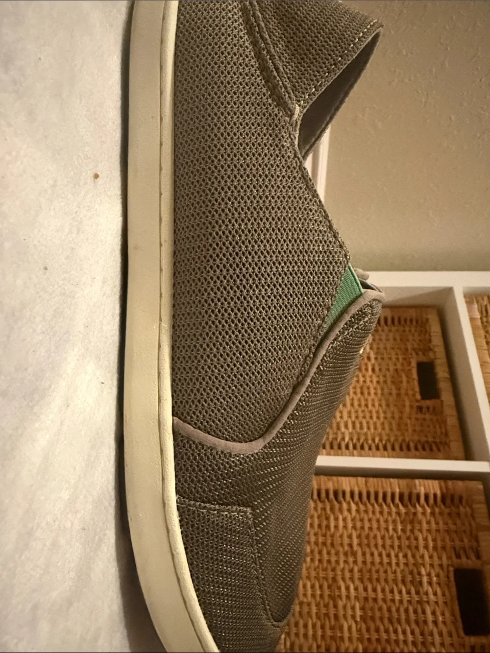 OluKai Men's Slip-On Loafers in Dark Brown/Olive with Cream Sole